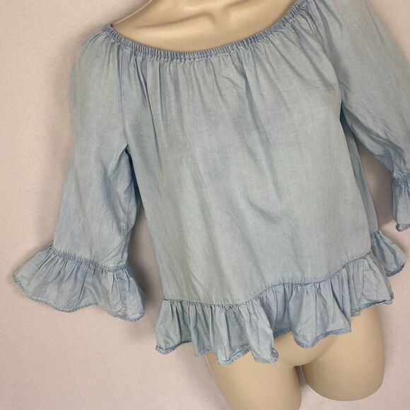 Sanctuary Top Womens XS Chambray Denim Ruffled Boho Bell Sleeve Feminine Blue - Picture 2 of 10